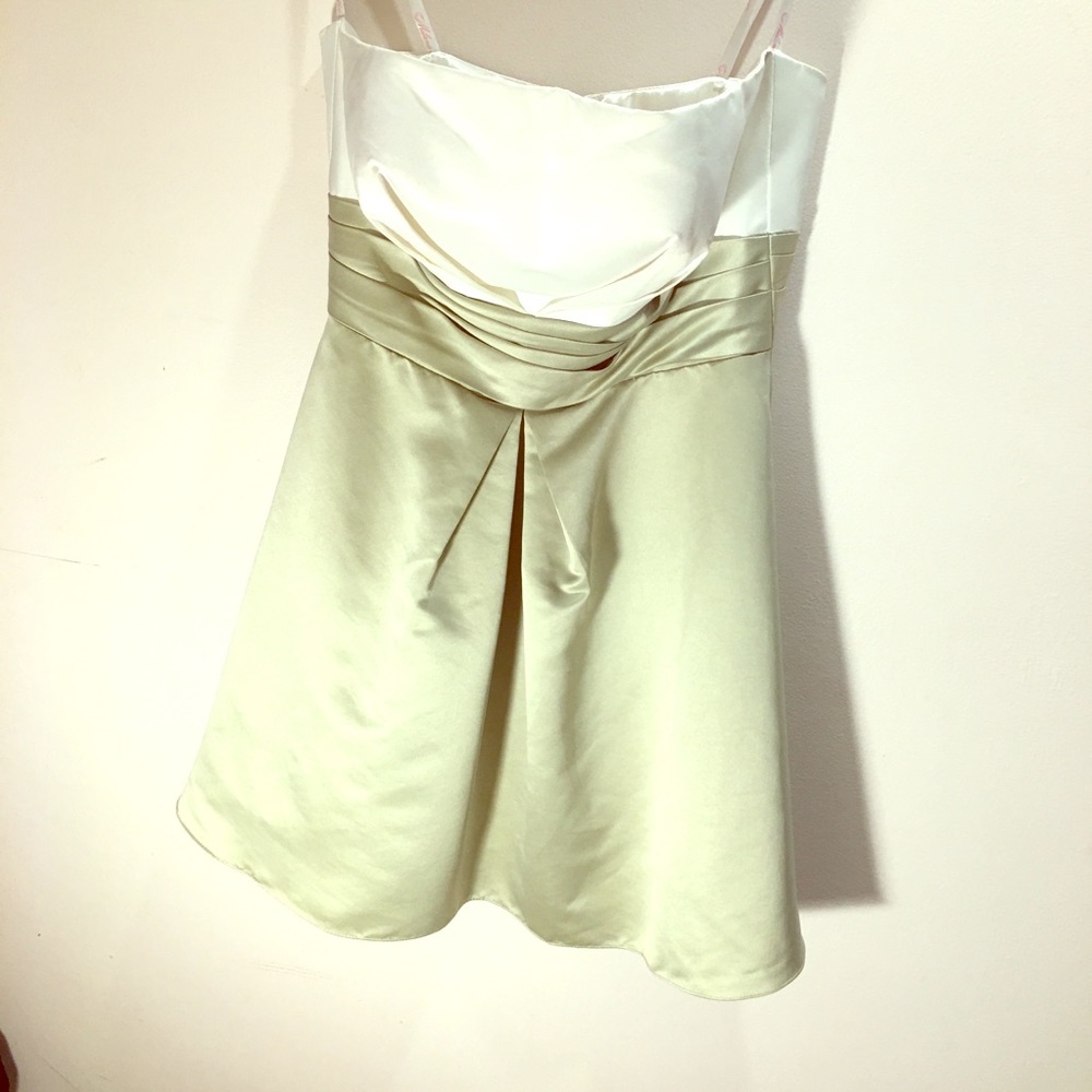 Milano white pale green strapless satin gown